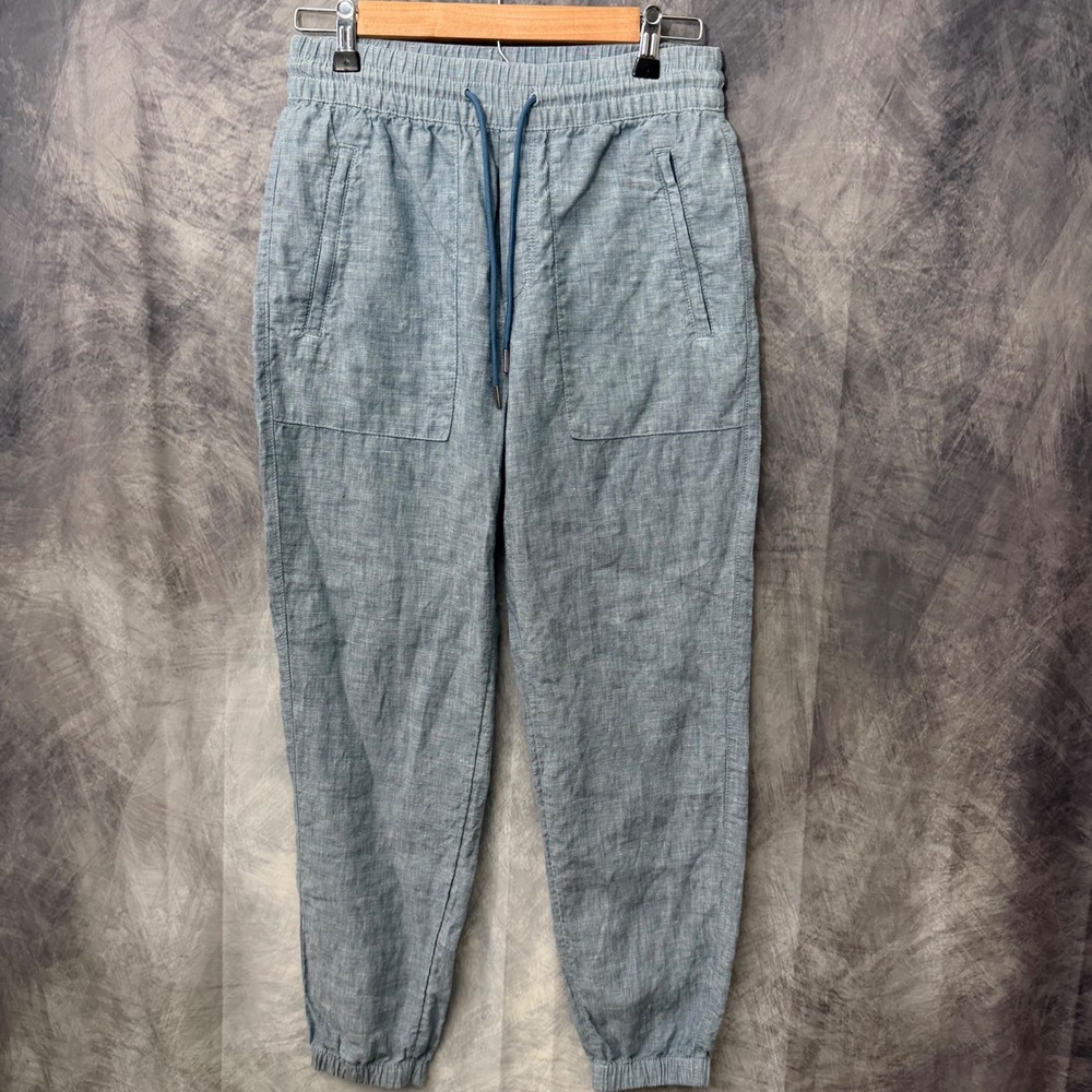 Athleta Cabo Womens Blue 100% Linen Joggers Elastic Waist Drawstring Size 0